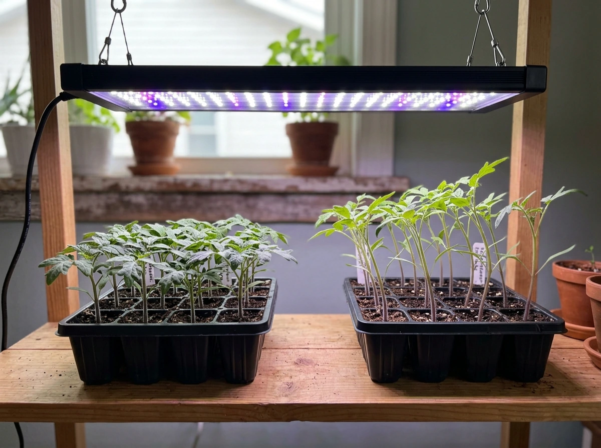 Seedlings at different distances from an LED grow light