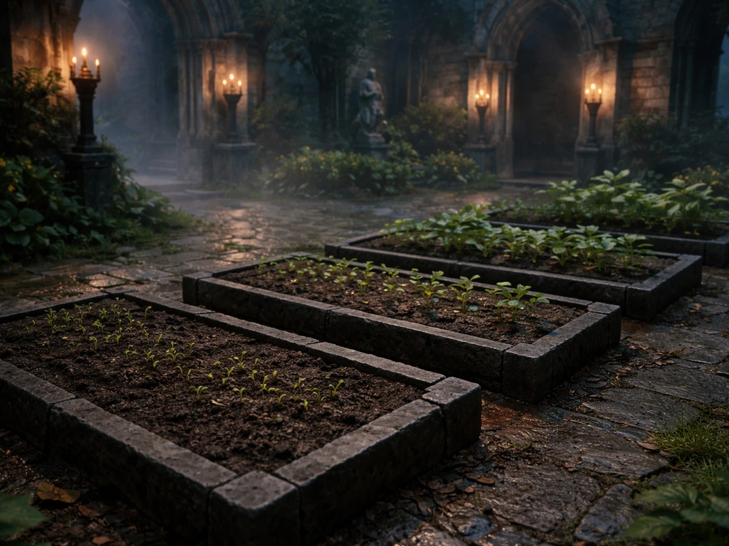 V Rising style castle garden with several glowing growing plots and seedlings at different stages