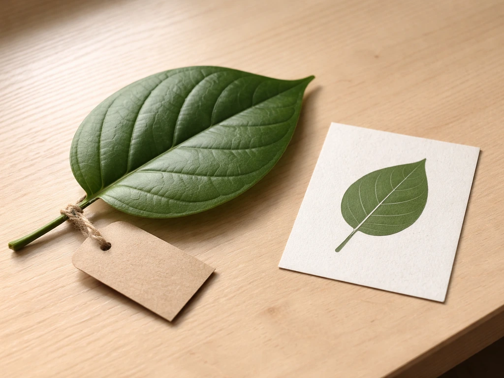 Close-up of a plant leaf with a blank reference tag and leaf silhouette card for identification