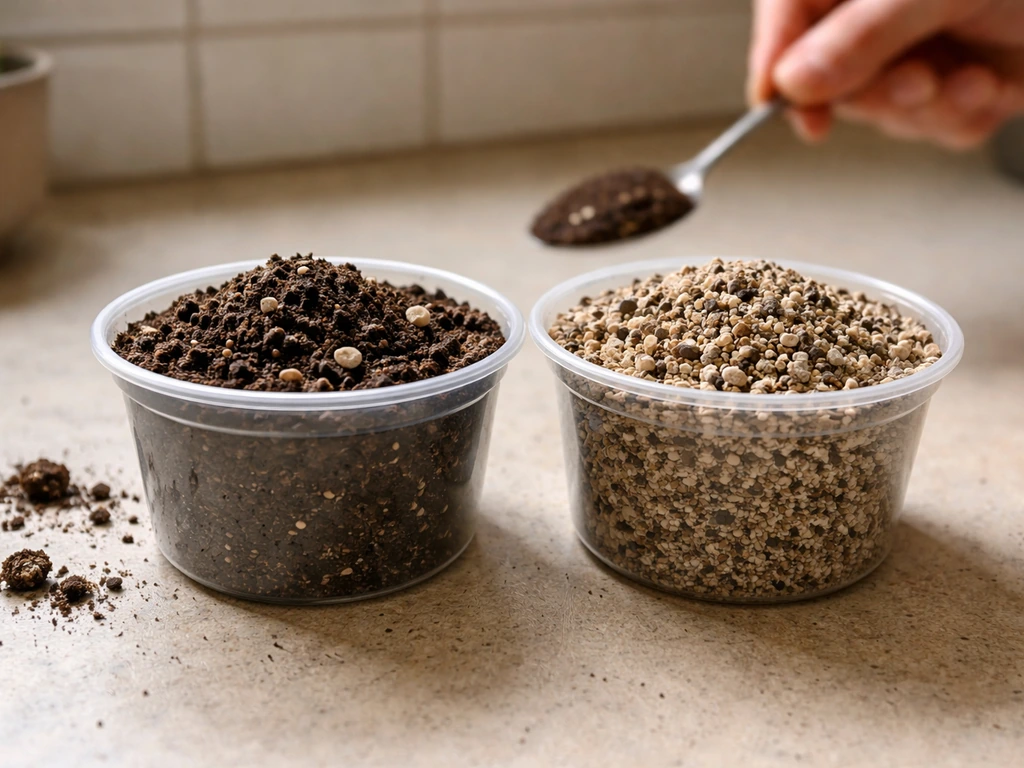 Close-up of two unlabeled soil mix containers: dark potting mix and gritty succulent/cactus mix.