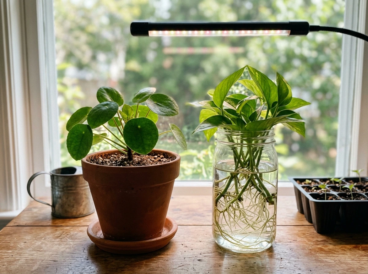 Beginners’ plant growing setup showing plants in soil and water with a grow light for comparison.