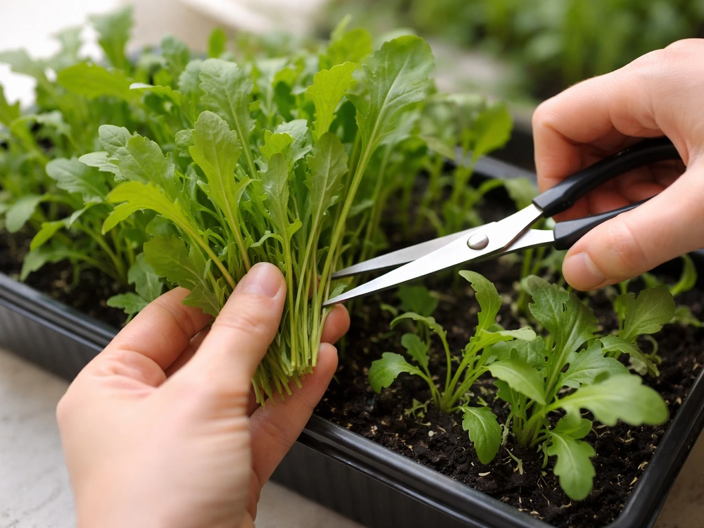 Hands using small scissors to harvest baby rocket leaves about 3 inches long from a garden tray.
