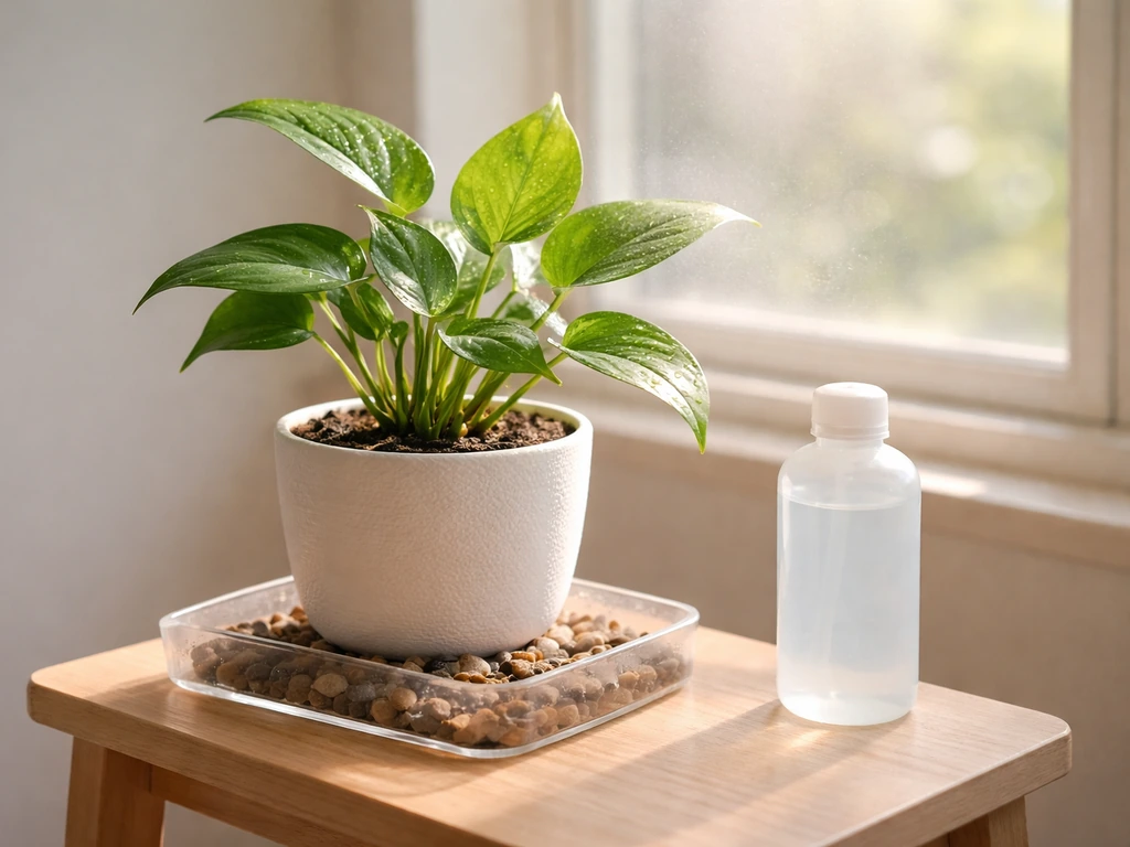 Close-up of a potted plant by a window with mist on leaves, humidity tray, and fertilizer bottle staged