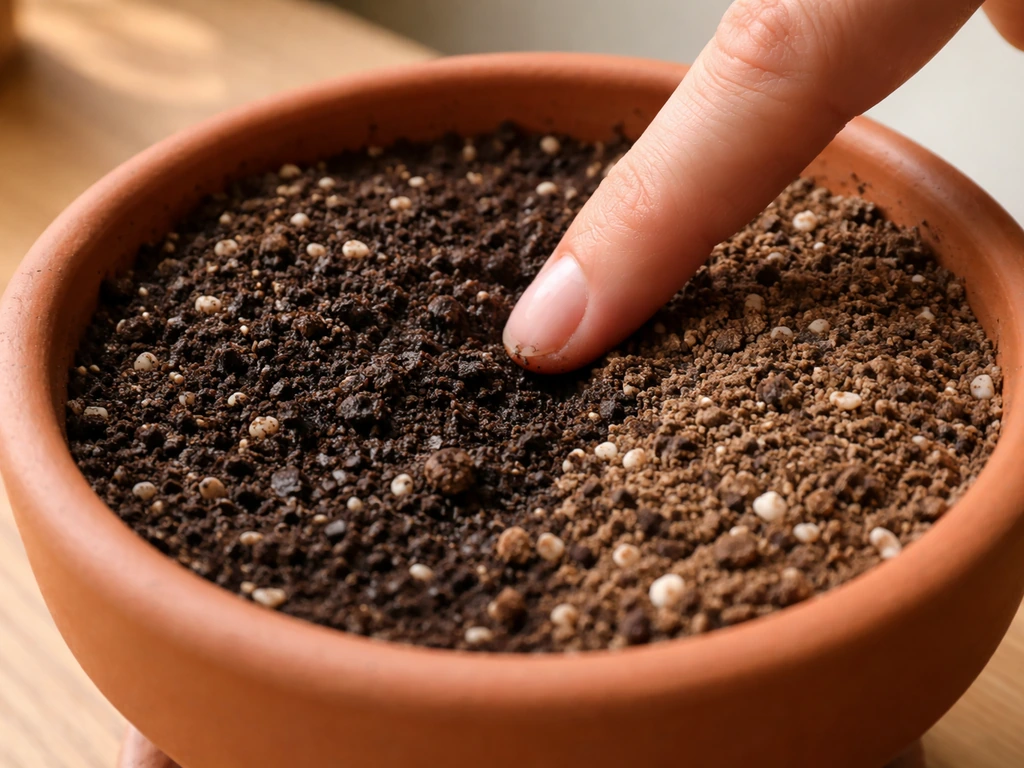 Close-up of fingertip pressing potting mix, showing darker damp soil beside lighter dry soil.