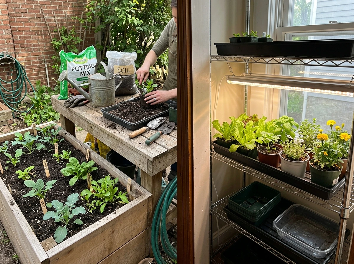 Assorted indoor and outdoor plant setups showing how to match light and water for growing almost anything