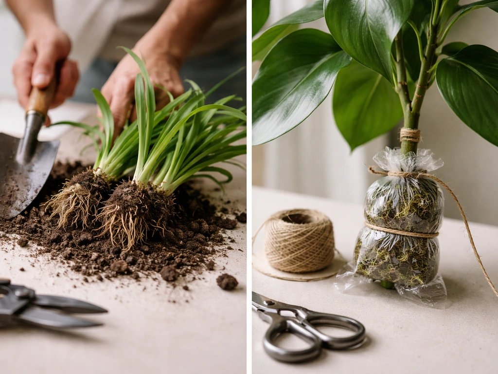 Clumping plant clumps being separated beside an air-layered stem wrapped for rooting.