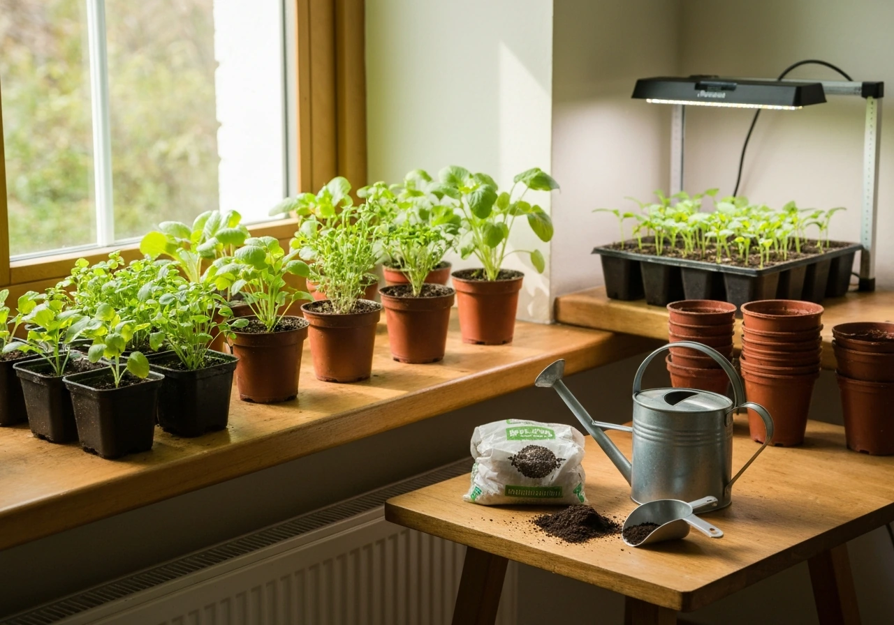Windowsill and table setup with seedlings under an LED grow light and pots ready for planting.