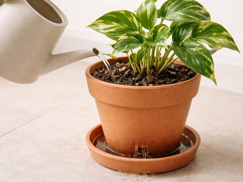 Watering a pothos in a pot as excess drains into the saucer, showing safe watering.