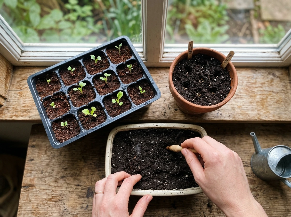 Seed-starting tray, small pots, and fresh sprouts in natural window light